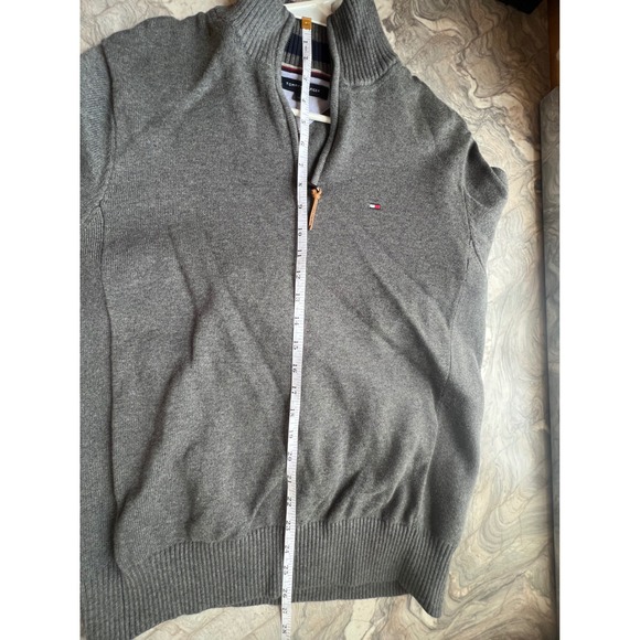 Tommy Hilfiger Mens Quarter Zip Sweater Grey Cotton Pullover Leather Pull Size M - Picture 8 of 9